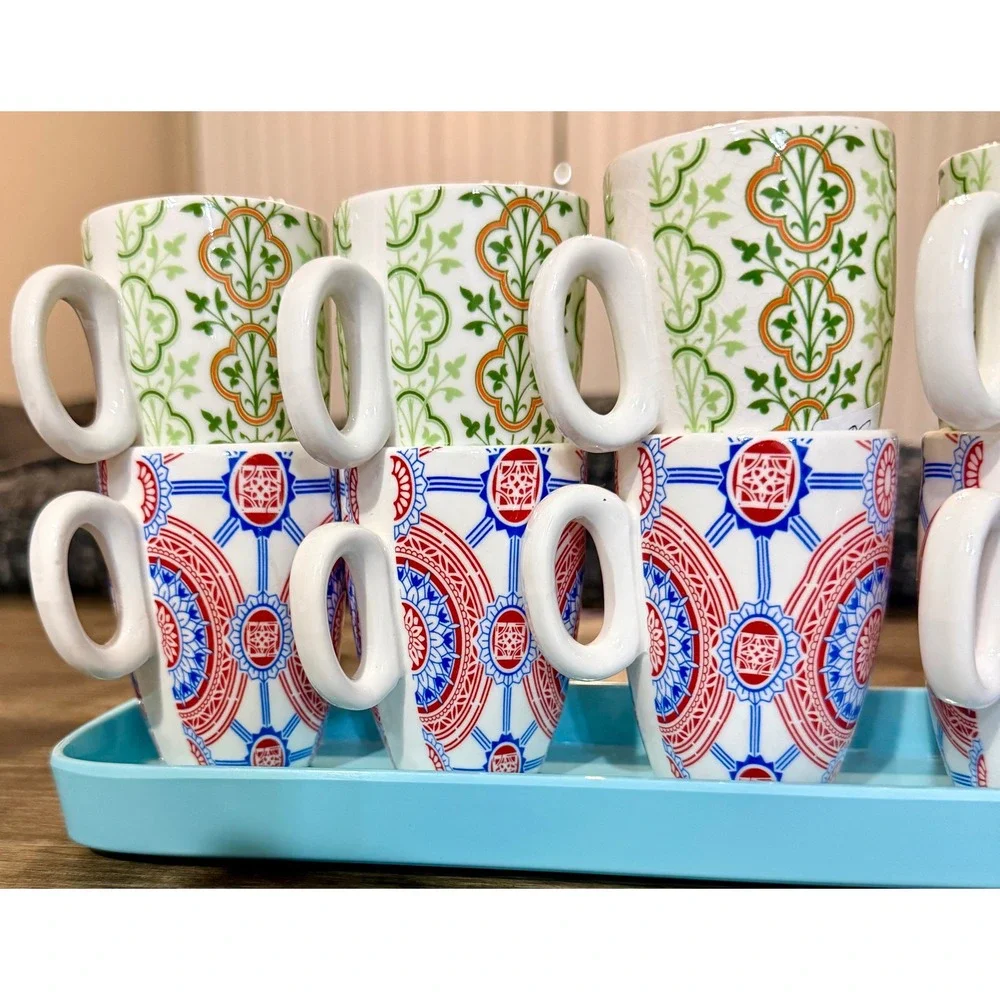 Pier 1 Espresso Cup Set 12pc Multicolor Excellent Mediterranean Boho Floral